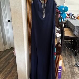 Navy Beaded Trim Evening Gown